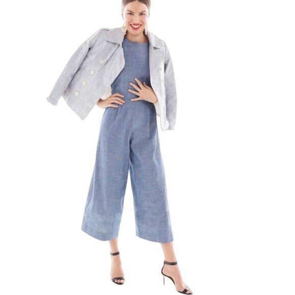 J. Crew Waxed Linen Blue and White Striped Crop Trench Jacket - Picture 3 of 16